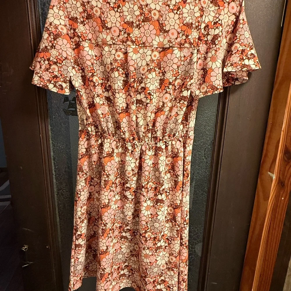 Monteau Orange Pink Tie Front Flutter Sleeve Midi Dress - Picture 3 of 7